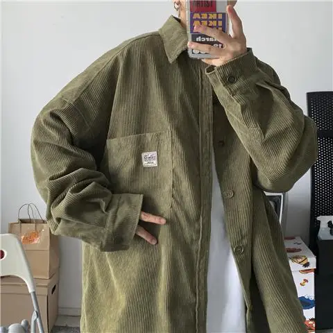 Prowow Corduroy coat men's youth Hong Kong fashion fashion brand spring and autumn loose clothes design sense long sleeve shirt