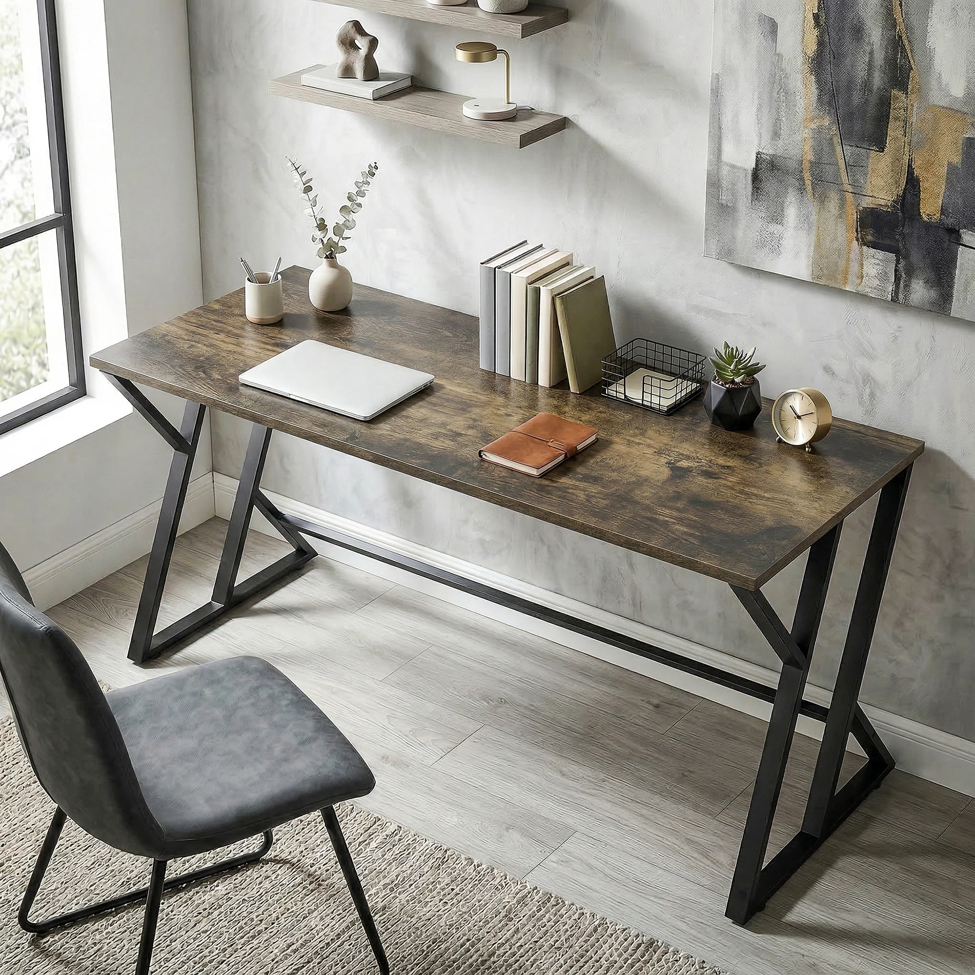 Homcom 55 Inch Computer Desk, Industrial Writing Desk with Z-Shaped Metal Leg, Study Table for Home Office, Bedroom, Small Spaces, Rustic Brown
