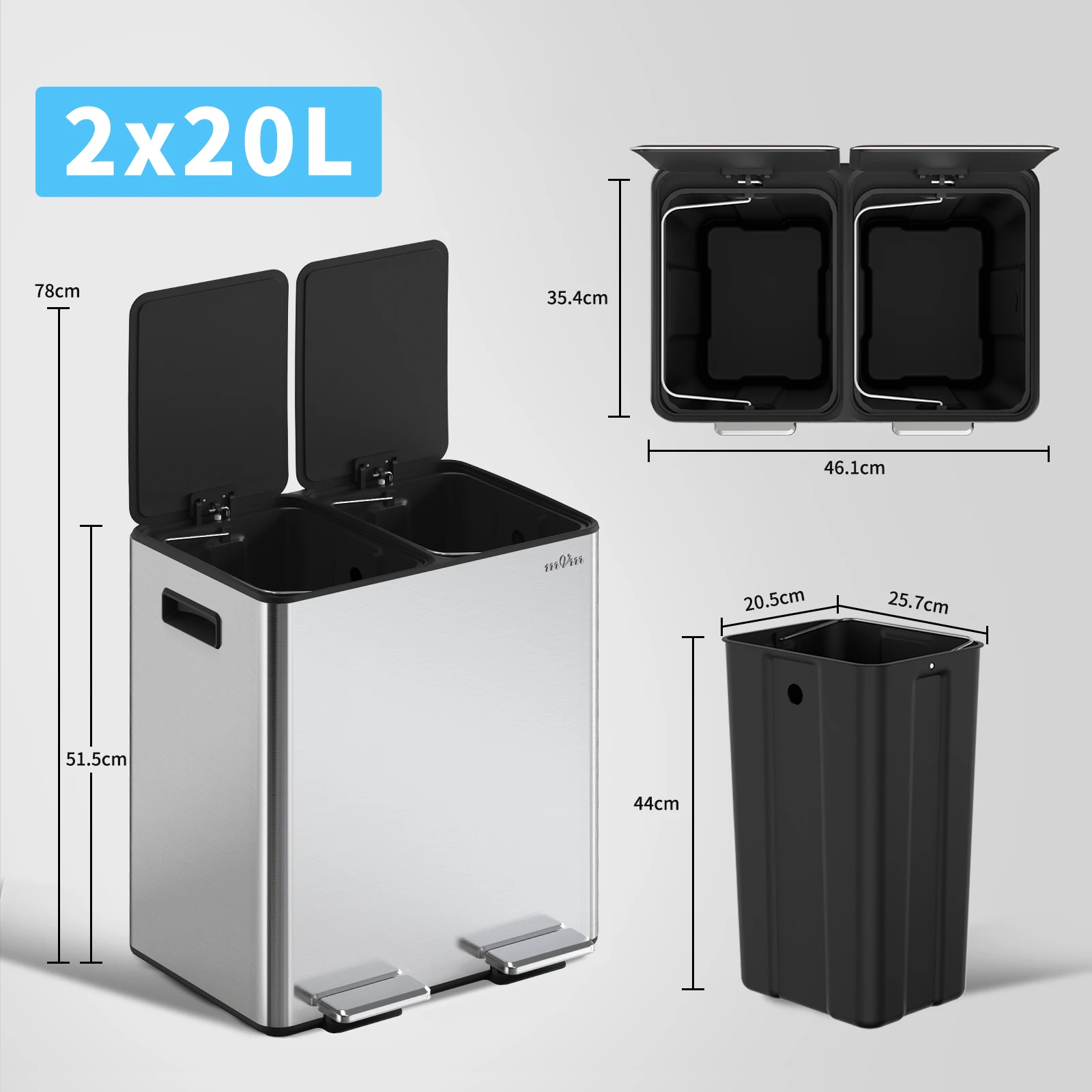mVm Trash Can Stainless 60L/40L/45L Kitchen Step Trash Bin for Recycling Waste Sorting Soft Close Lid Double Lid