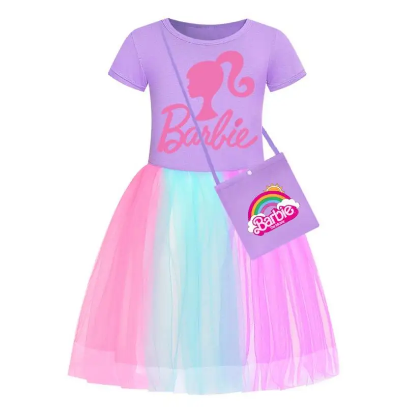 Anime Cartoon Barbie Girls Short Sleeve Lace Mesh Tutu Skirt Kawaii Kids Cute Princess Dress Summer Birthday Party Dress Gift