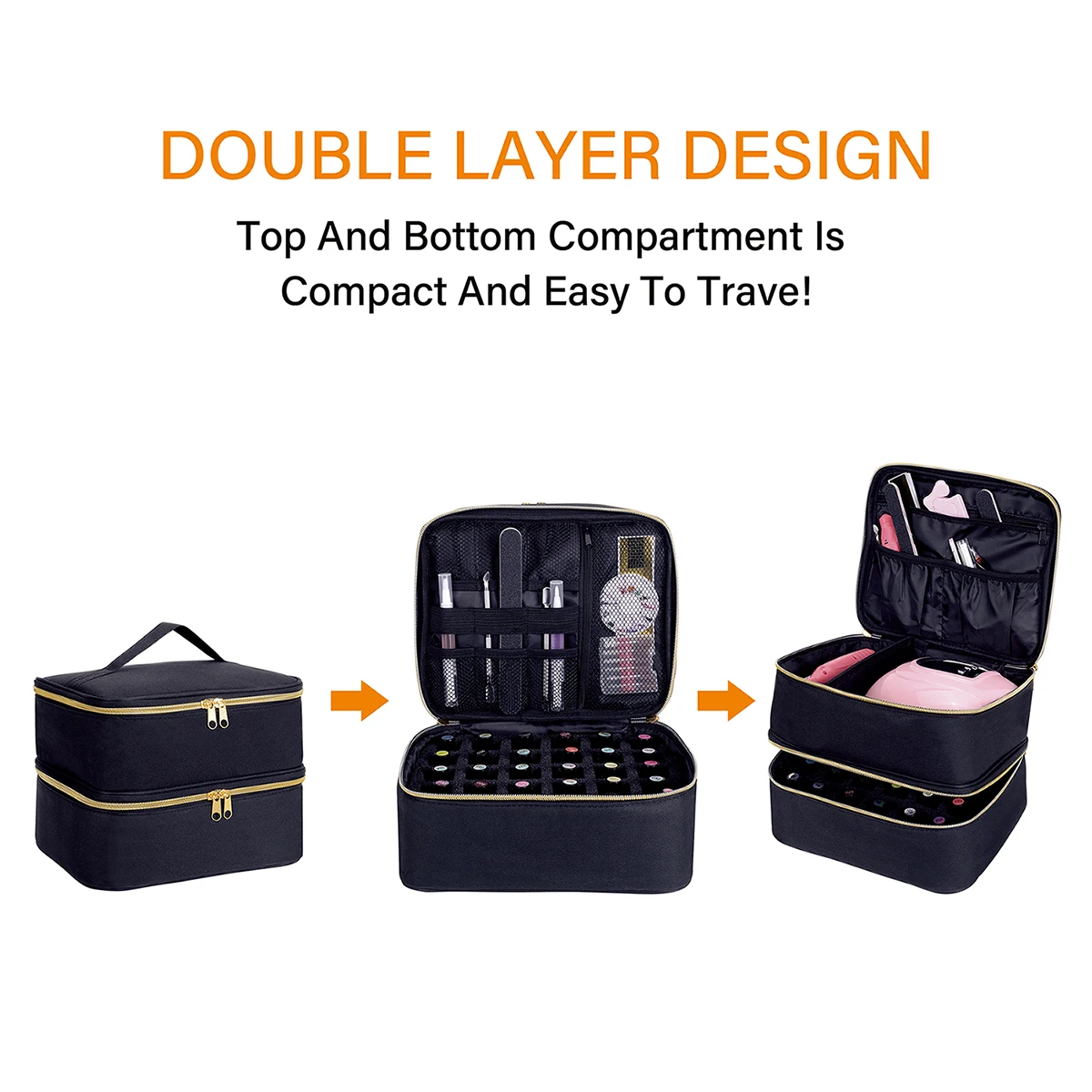 Nagellack-Organizer, tragbare doppellagige Kosmetik-Organizer-Tragetasche für Mädchen und Frauen, Nagelkunst, ätherisches Öl, Kosmetik-Set – Detail 5