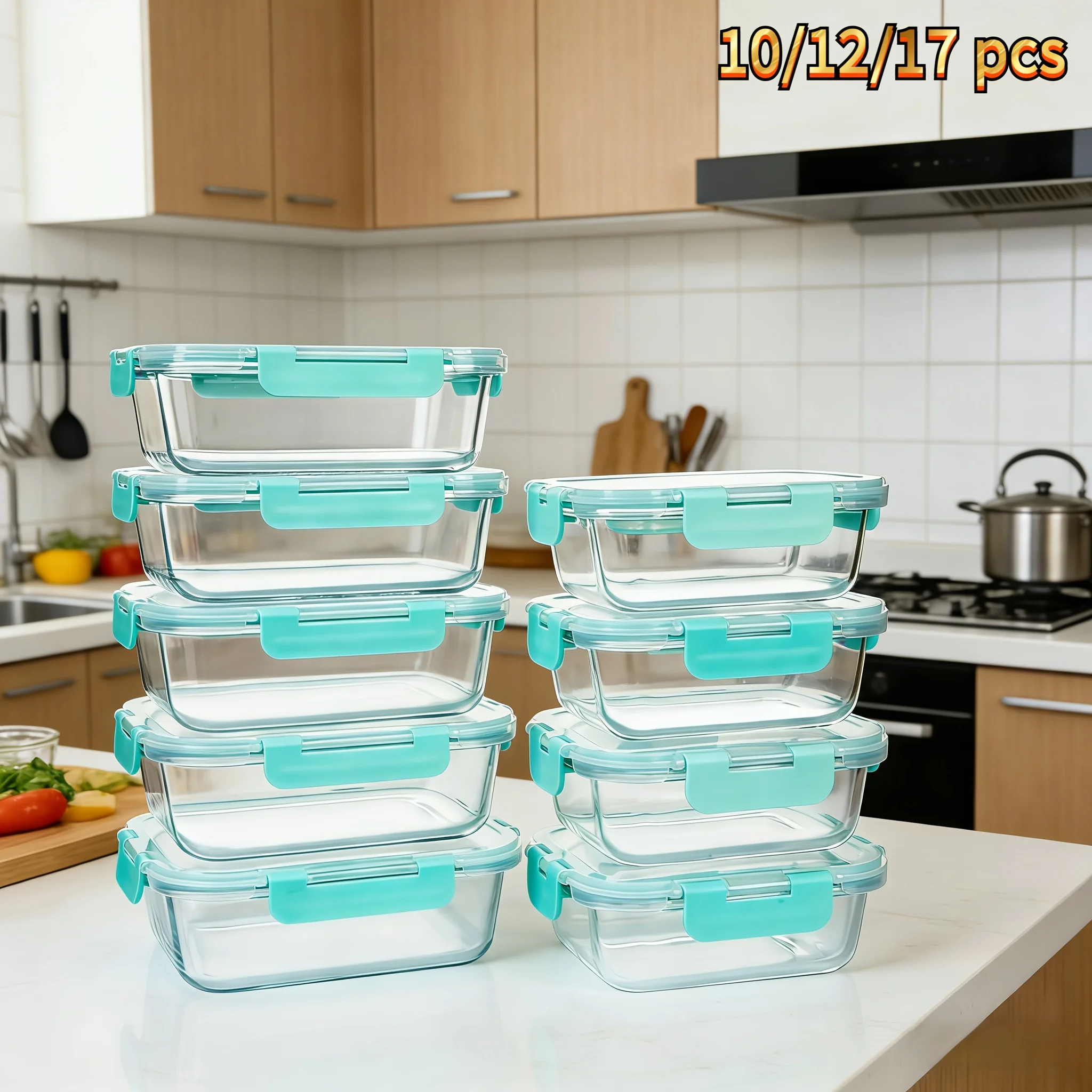 

us10/12/17pcs Borosilicate Glass Food Storage Containers, Removable Lids, Mixed Colors, Square Meal Prep, Airtight Bento Boxes, Leak Proof Locking Lids, Lunch Boxes, Party, BPA Free, Microwave & Dishwasher Safe, Organization Storage, Giftsd