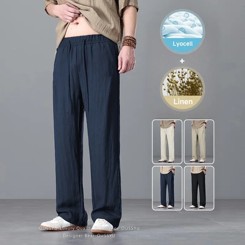 

Men's Breathable Linen Lyocell Casual Pants Summer Thin Baggy Wide Leg Trousers Man Drawstring Pants Men Pastoral Beach Travel