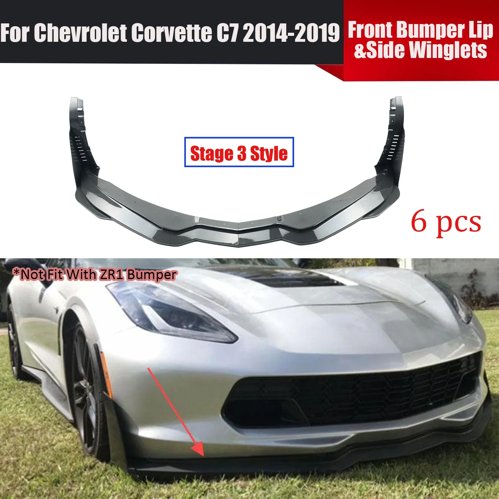 Car Front Bumper Lip&Side Winglets Stage 3 Style For 2014-2019 Chevy Corvette C7 Spoiler Splitter Carbon Look Glossy Matte Black