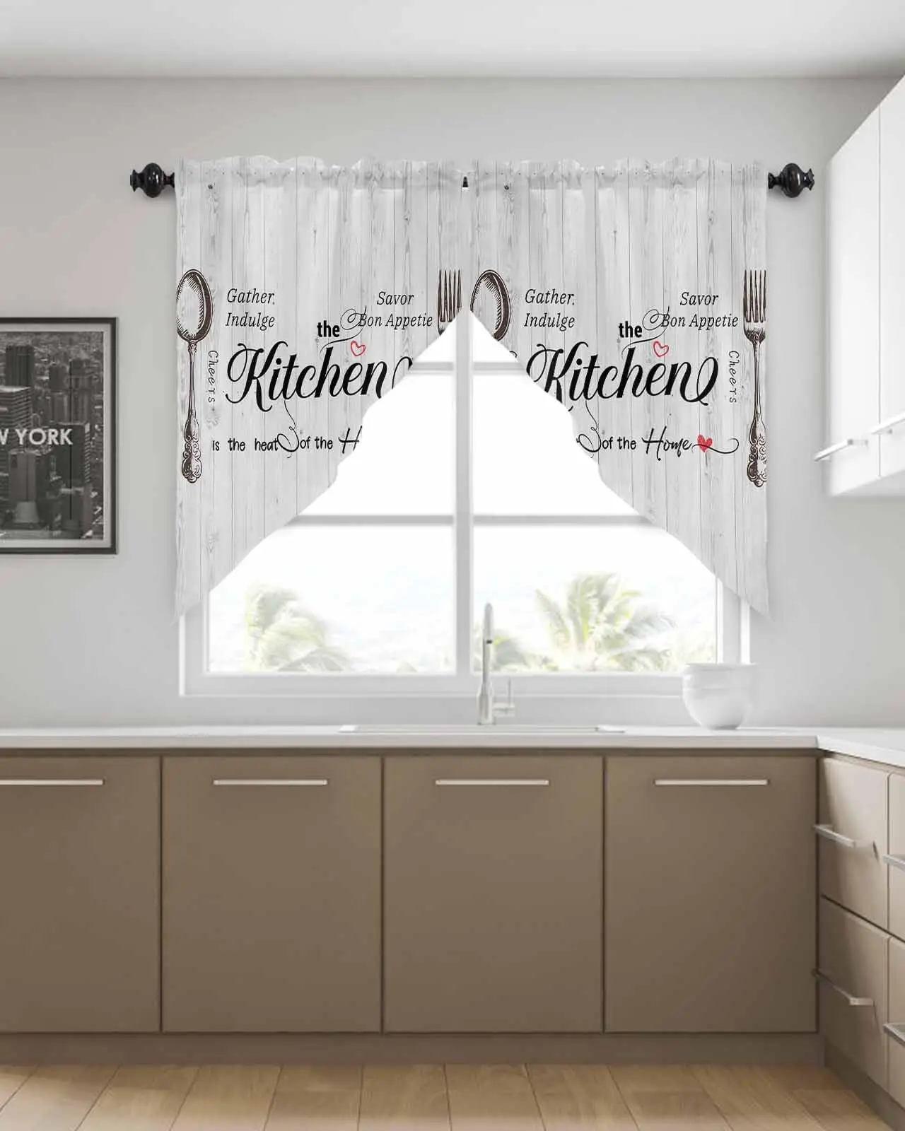 Kitchen Swag Valance Curtains, Retro Farmhouse Style Spoon Fork Wood Grain Rod Pocket Kitchen Valance Curtains Scalloped