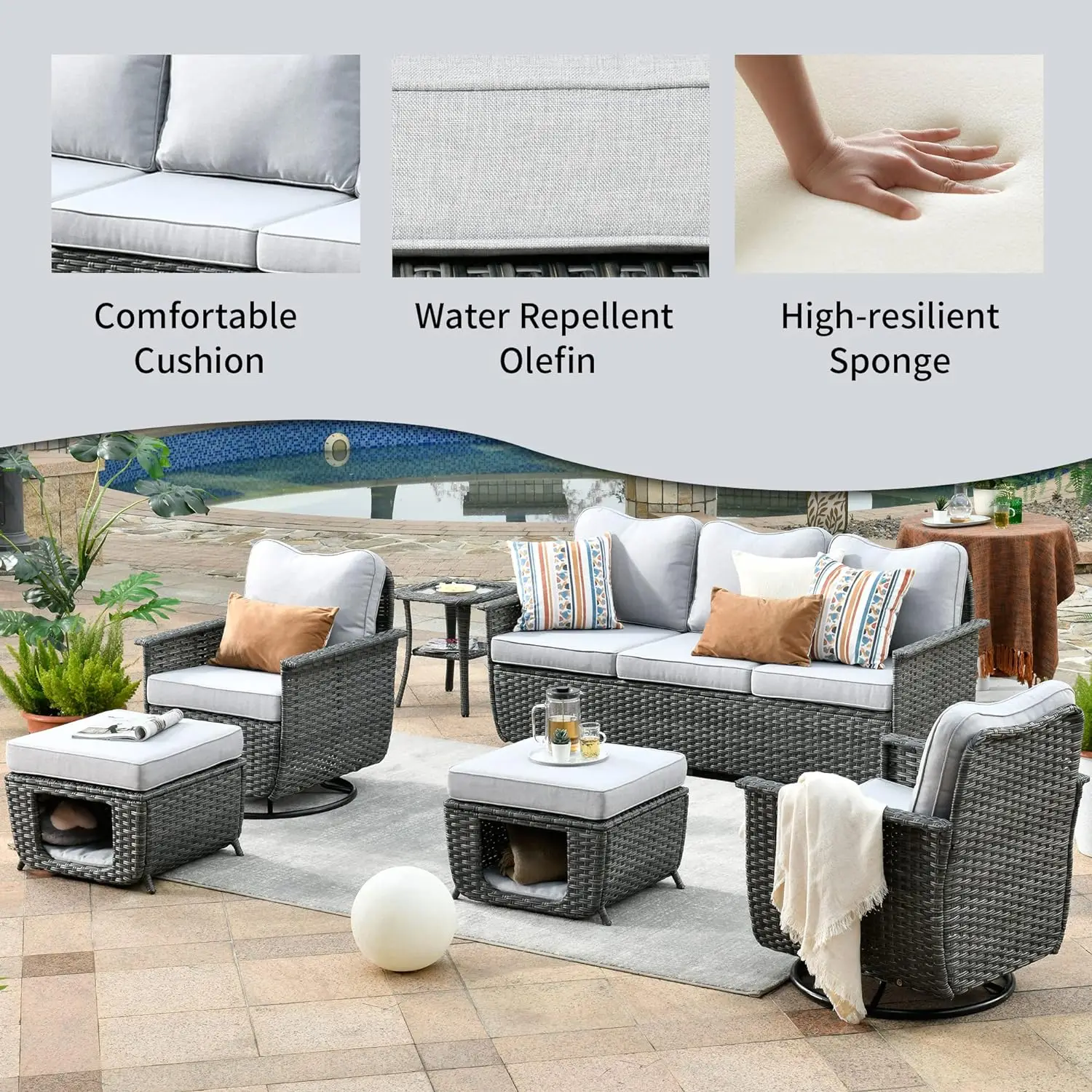 Patio Furniture Set 6 Piece Outdoor Wicker Rattan Sectional Sofa Set with 2 Rocking Swivel Chairs Pet House Side Table for Yard