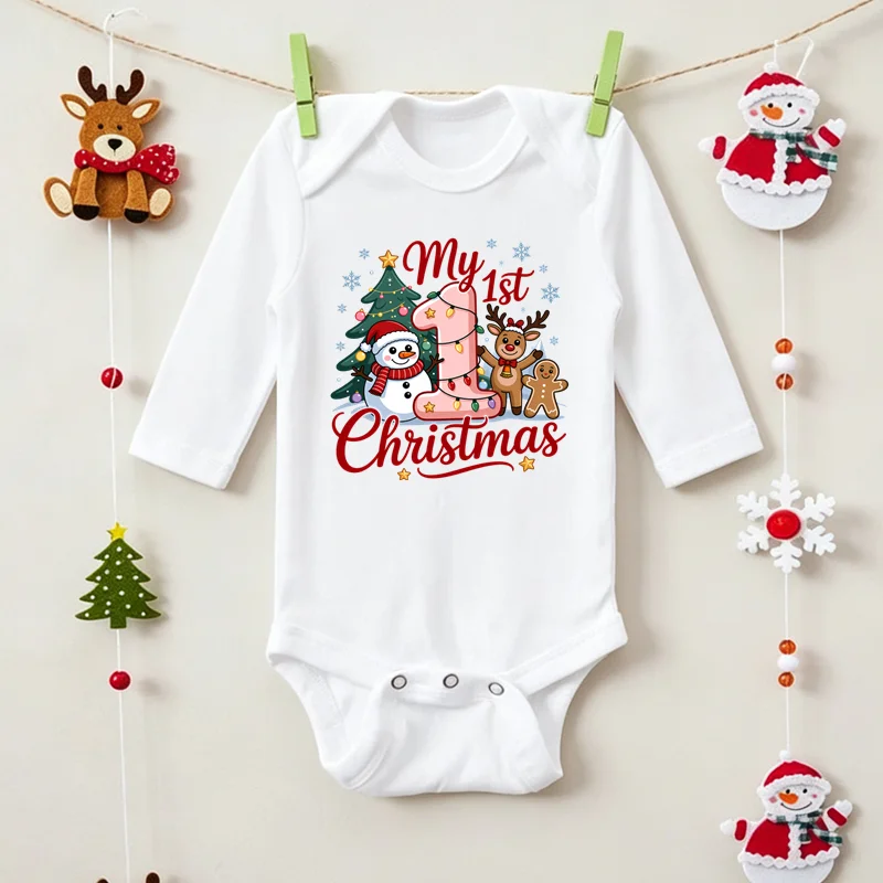 My 1st Christmas Baby Bodysuit Long Sleeve Newborn Infant Romper Cute Snowman Reindeer Print Baby Jumpsuit Christmas Outfits