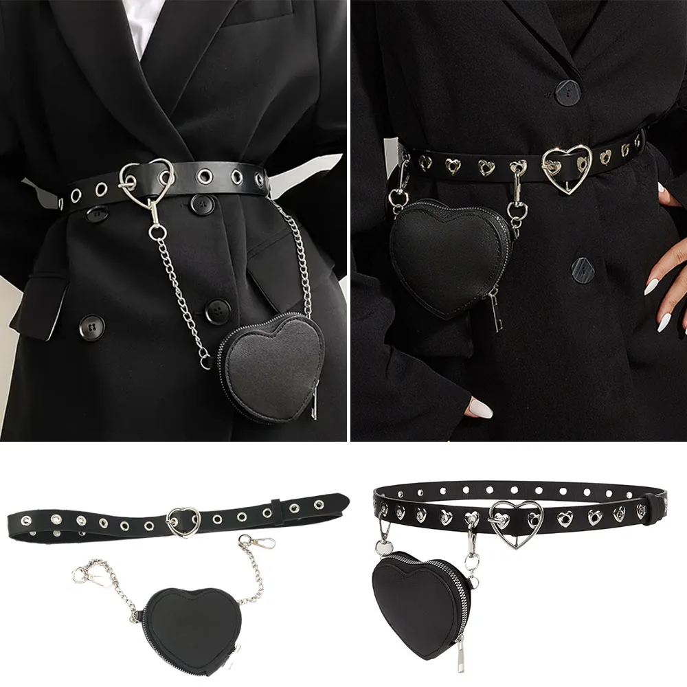 Love Buckle Belt With Detachable Waist Bag Faux Leather Belt With Waist Bag Decorative Waistband Mini Belt Bag Cool Metal Chain