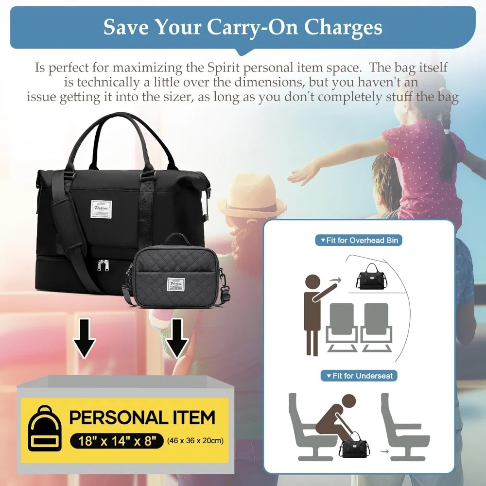 حقائب عطلة نهاية الأسبوع للنساء، حقيبة سفر واق من المطر بين عشية وضحاها مع حجرة للأحذية، حقيبة حمل شخصية، أسود، كبير، مجموعة من 3 قطع