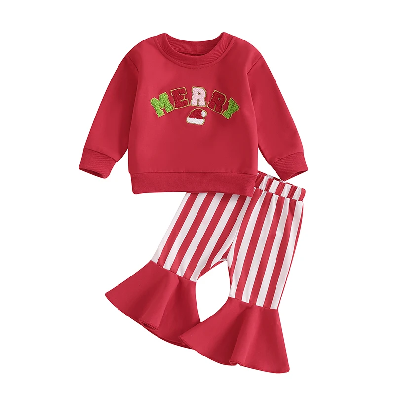 

Toddler Girl 2-Piece Christmas Outfit Set with Long Sleeve Embroidered Sweatshirt and Flare Pants - Festive Baby Clothes for