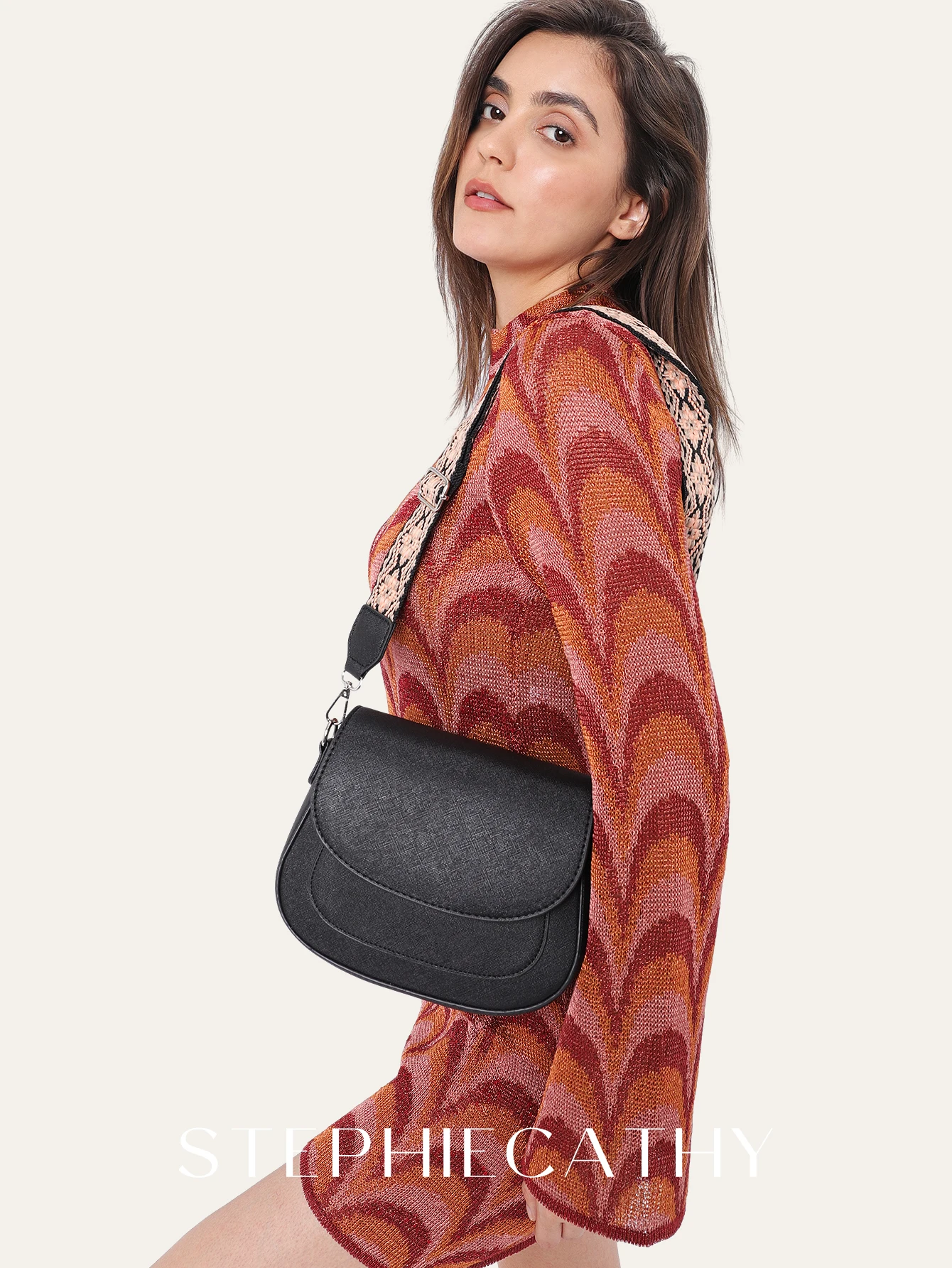 

SC Women Simple Design Solid Color PU Vegan Leather Flap Handbag Adjustable Wide Webbing Shoulder Strap Cross body Saddle Bag