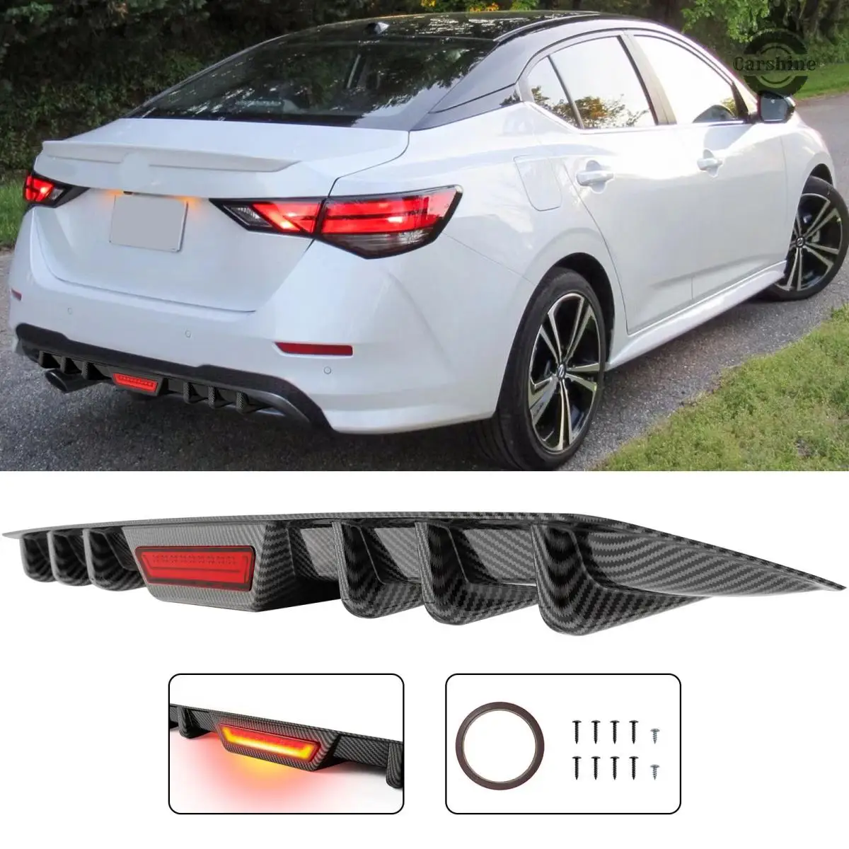 For Nissan Sentra Rear Bumper Diffuser Lip with Red LED Tail Brake Stop Light