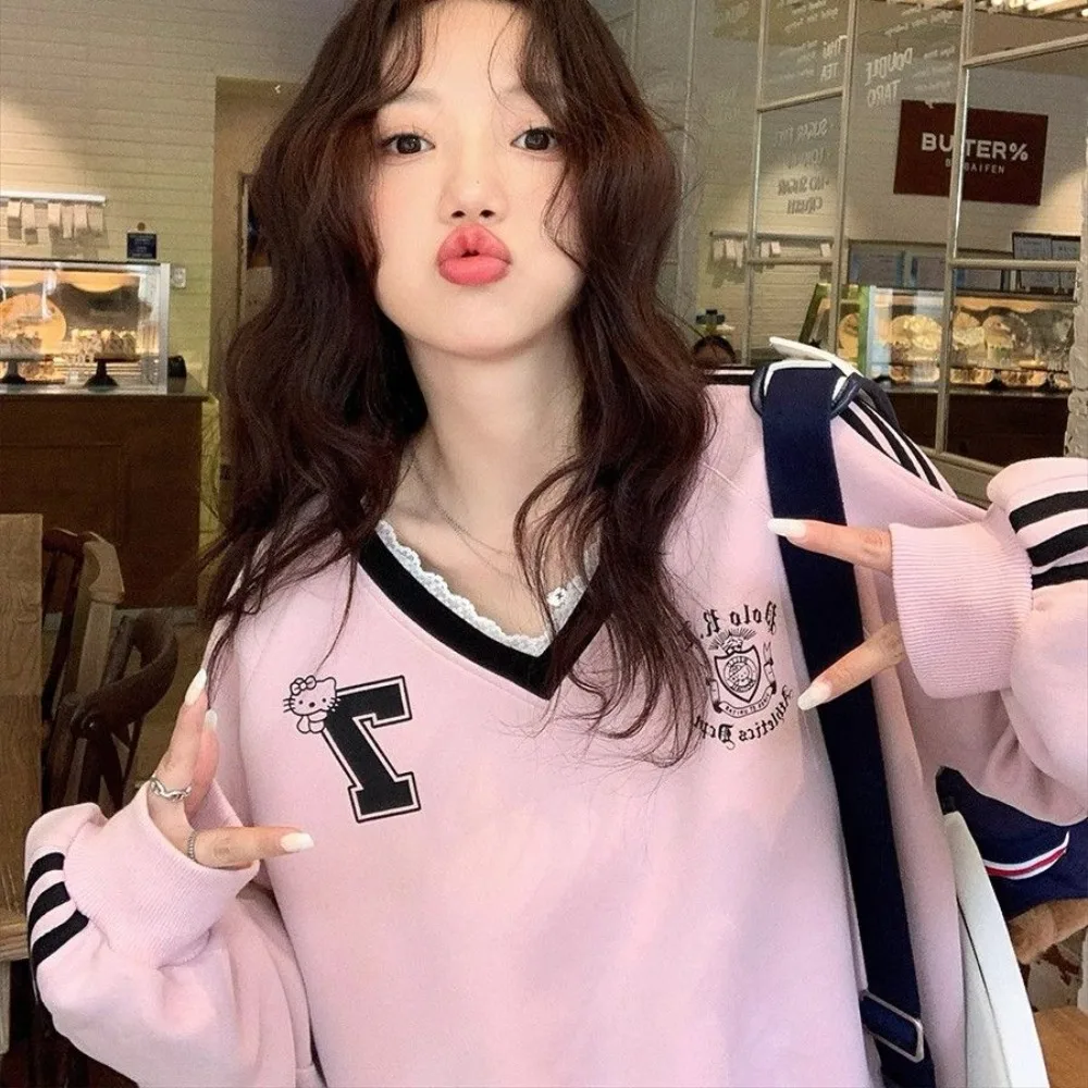 

Hello Kitty Long Sleeves Miniso Lace Splicing Together V-neck Printing Sweatshirt Fashion Color Collision Comfortable Tops New