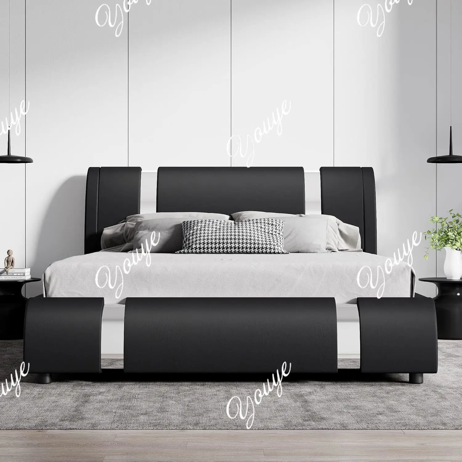 

Modern Faux Leather Queen Bed Frame with Adjustable Headboard and Iron Accents, Deluxe Upholstered Platform Bed , Black