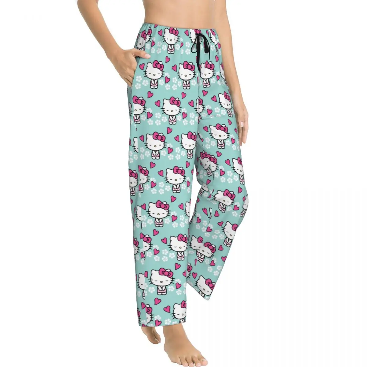 Custom Animated Anime Hello Kitty Pajama Pants for Women Lounge Sleep Drawstring Sleepwear Bottoms with Pockets