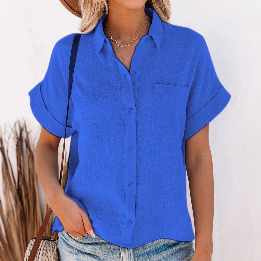 Women's Elegant Summer Cotton Linen Tops Short Sleeve Lapel Button Up Solid Color Shirt with One Pocket  Casual image 2