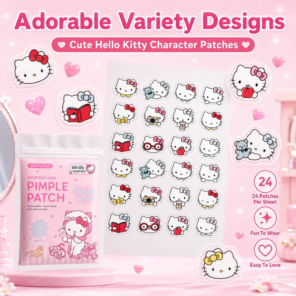 24/72pcs Hello Kitty Hydrocolloid Pimple Patches, Cute Cartoon Acne Spot Stickers, Variety Pack Invisible Blemish Cover, view 2