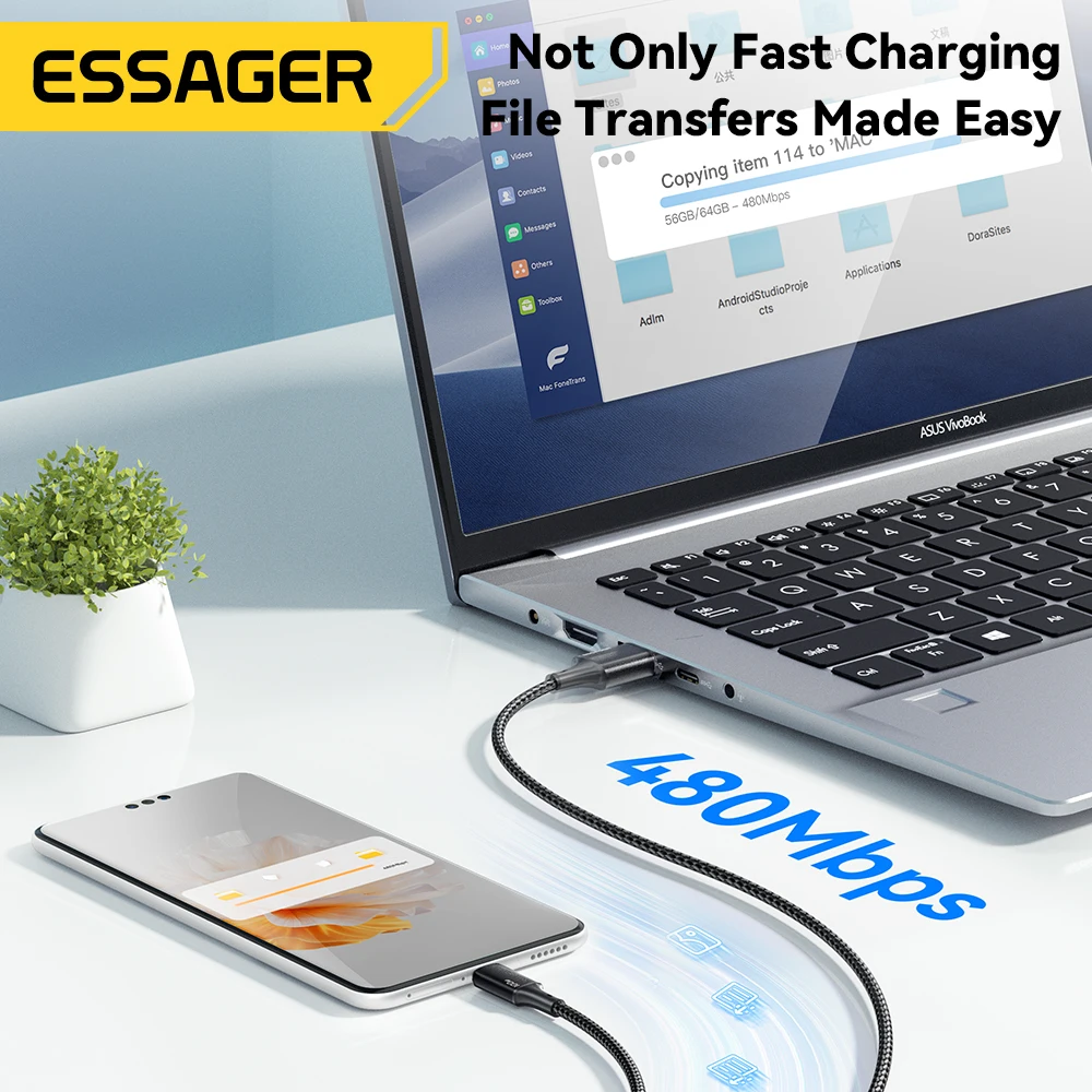 Essager-Cable USB tipo C de 100W, Cable de carga rápida 3 en 1 para Macbook, iPhone, Samsung, Xiaomi