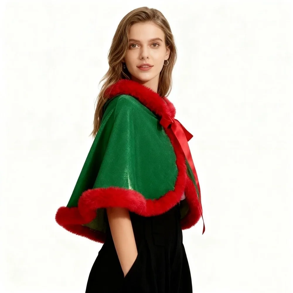 Soft Polyester Christmas Hooded Cloak Thick Plush Women Ponchos Windproof Warm Santa Claus Costume Autumn Winter