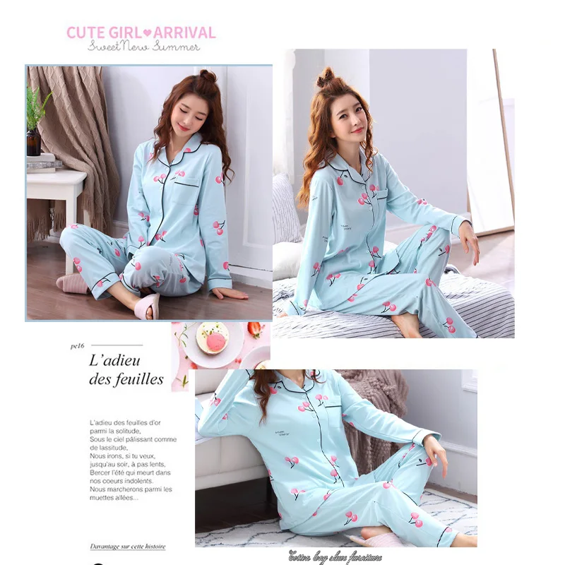 Pajamas Women\'s Long-Sleeved Long Trousers Cartoon Cute Thin Home Clothing Fashion Cardigan Women\'s Pajamas Sweet Prints