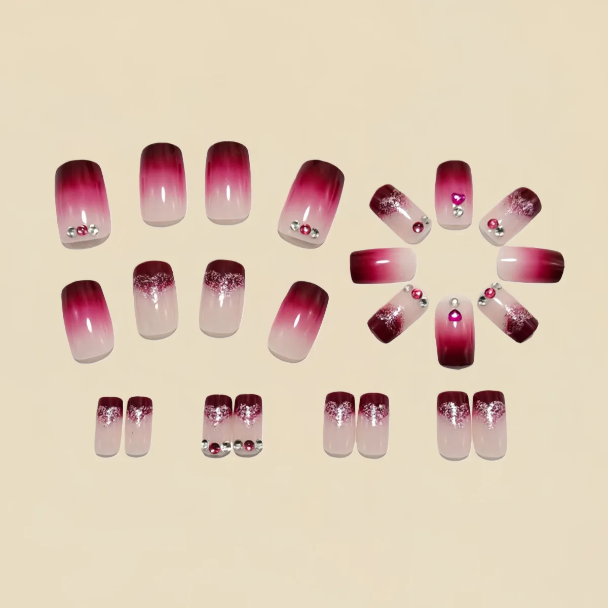 Faux ongles mi-longs avec motif de fleur en forme de cœur 3D, dégradé violet rouge, pointes de Balle