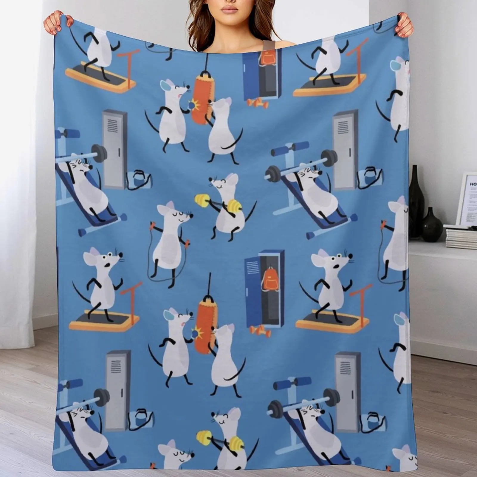Funny Workout Gym Rats Kids Pattern Blue Throw Blanket Decorative Soft Throw Blanket for Couch Sofa