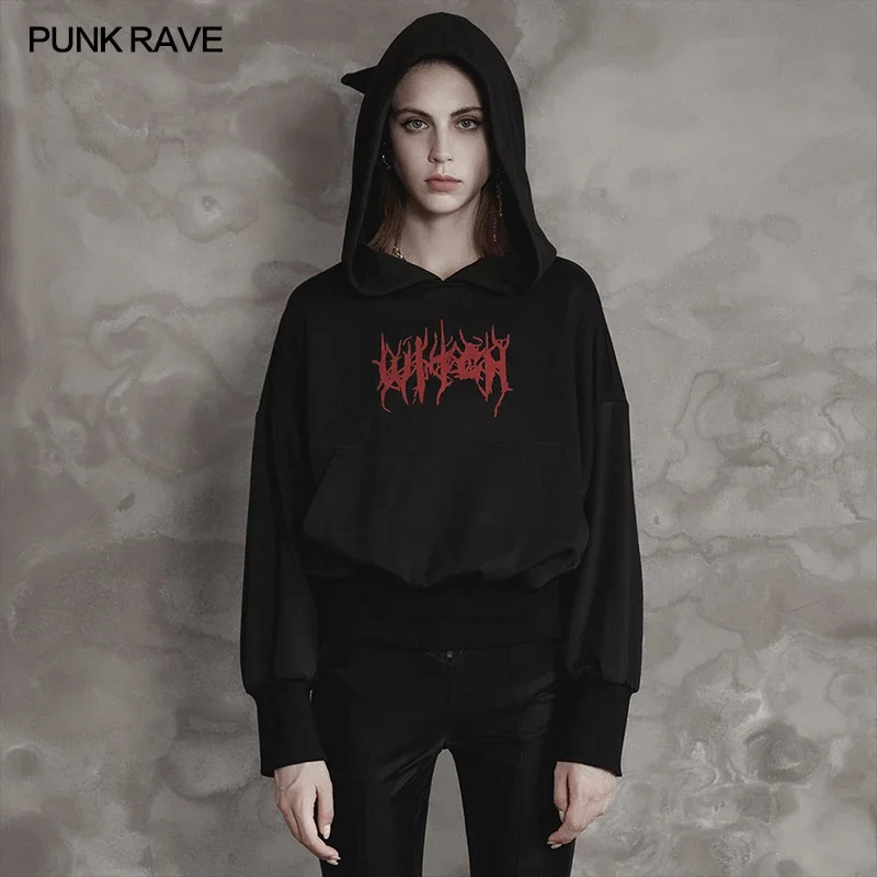 

PUNK RAVE Women's Gothic Collect Hem Witch Hat Goth Letter Print Sweater Loose Darkness Hoodies Waist Rib Slimmer Clothing