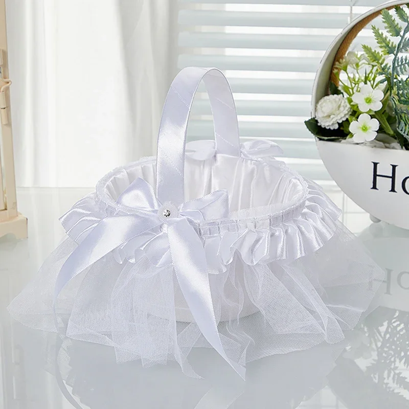 1PC White Wedding Flower Basket Wedding Party Bride's Satin Cloth Lace Basket Flower Girl Flower Scattering Hand-held Basket