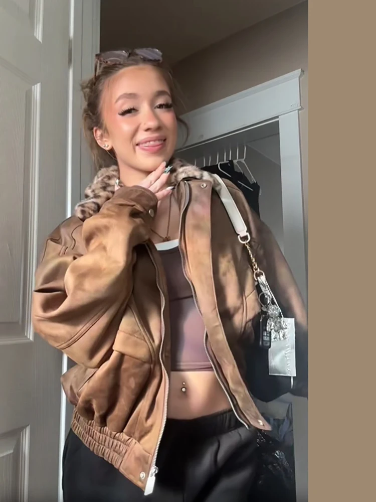 Y2k Leopard Faux Fur Collar Suede Jacket Women Retro Zip Up Cropped High Waist Elastic Hem Caot Fall Winter Streetwear Outerwear