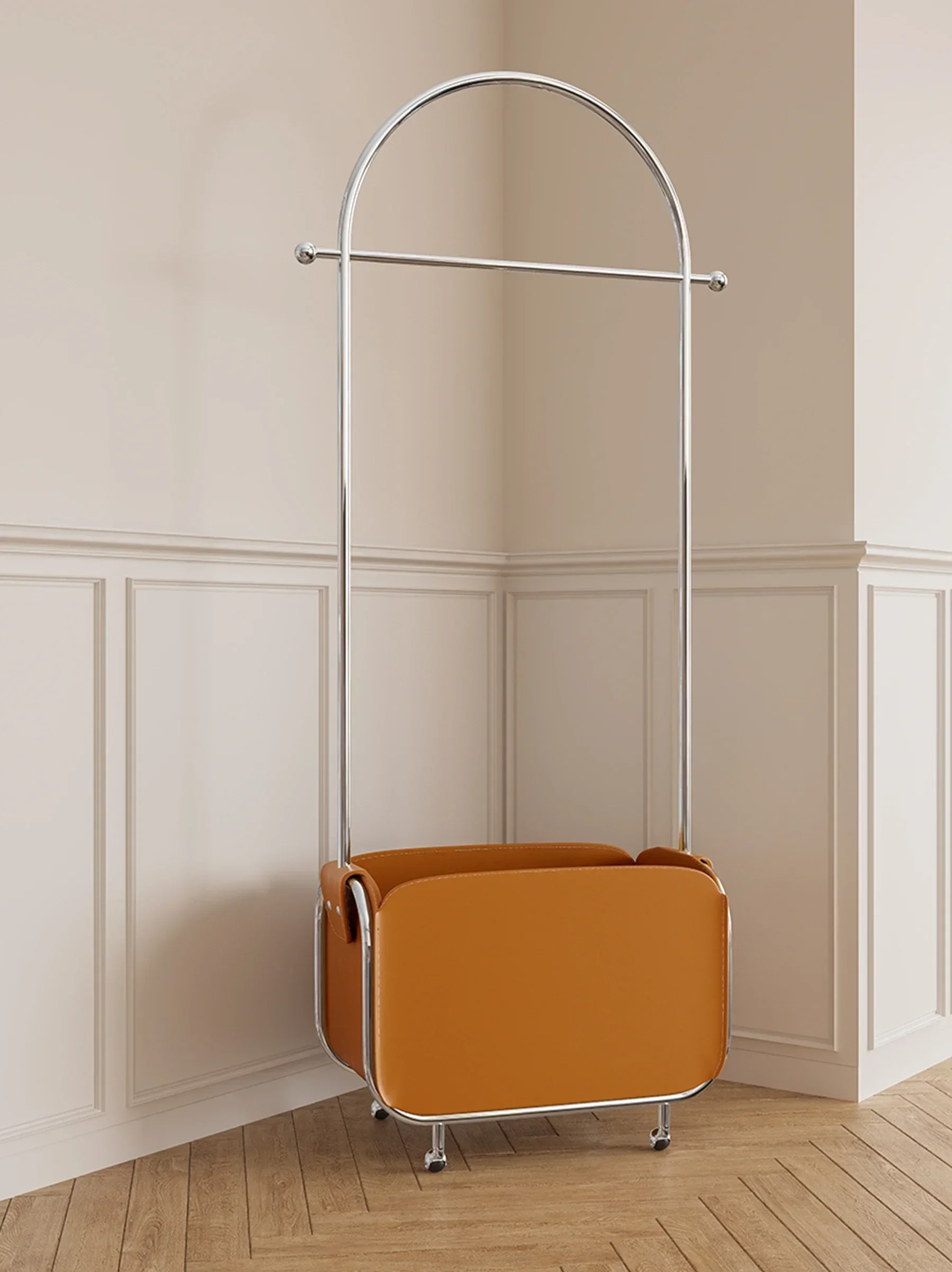 Metal Mobile Coat Hanger Leather Pocket Dirty Clothes Basket Coat Rack Leather Clothes Rack