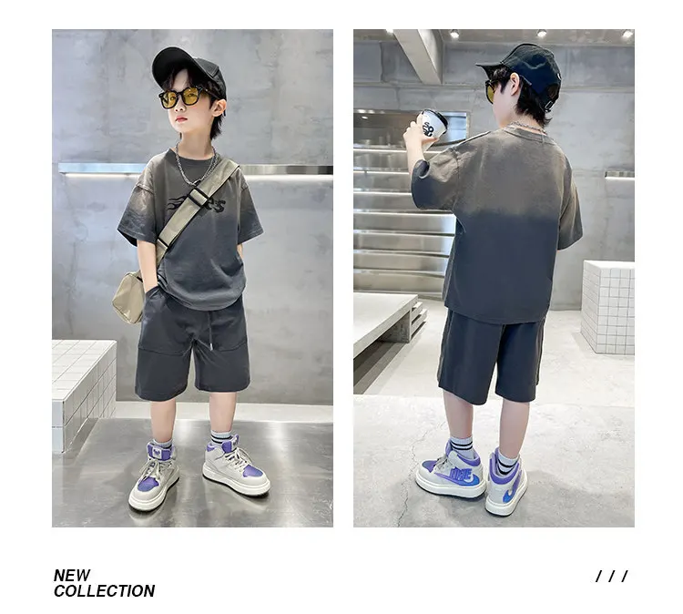 Koreanischer Kinderanzug für Jungen 2027 Sommer Mode Farbverlauf Grau Set Teenager Jungenkleidung Baumwoll-Strick-Oberteil + Shorts 2-teiliges Outfit – Detail 5