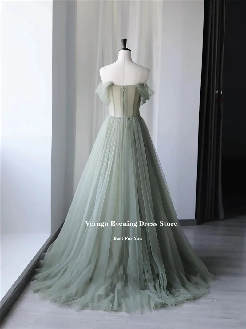 Verngo Elegant Pale Green Tulle Long Prom Dress 3D FlowerOff the Shoulder Sequin Party Dress Formal Evening Gown Customized