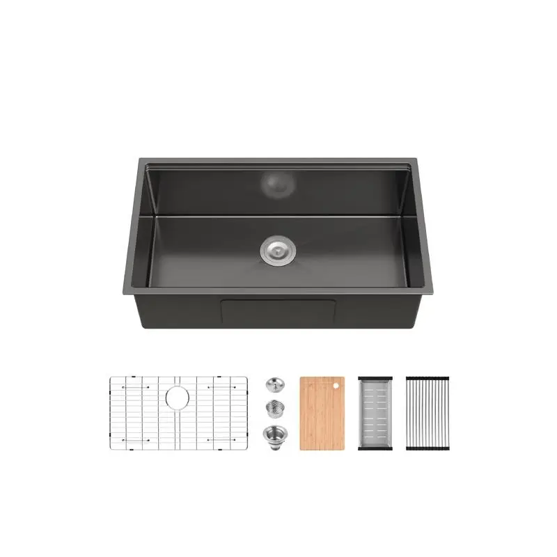 

Современная многофункциональная кухонная мойка с одной чашей 33 x 19 дюймов, нержавеющая сталь S304 ручной работы, черная отделка, водопад