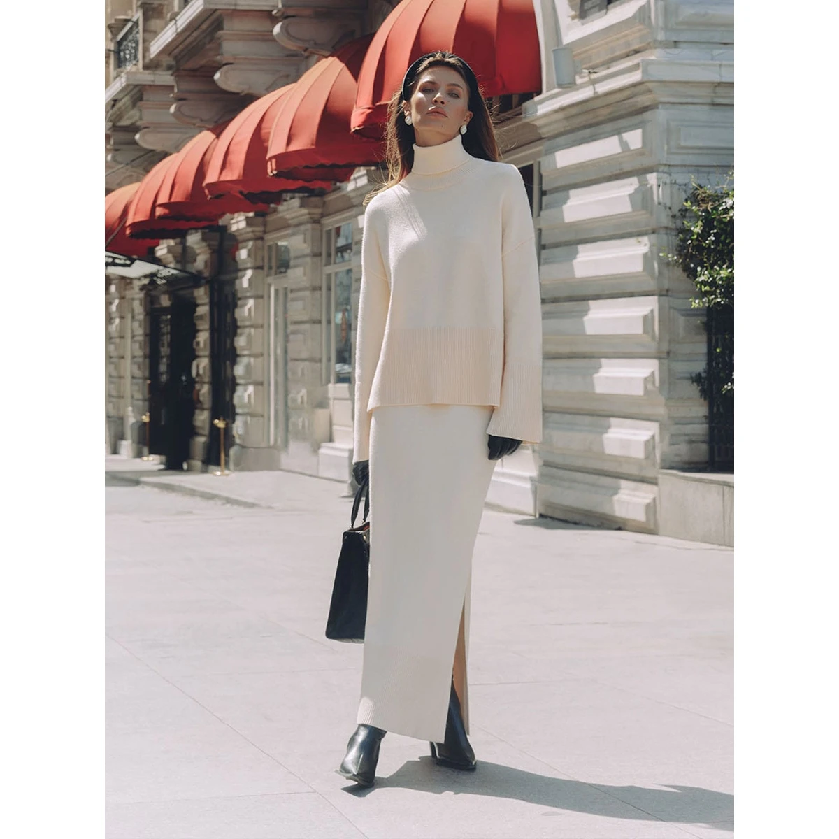 

Женский вязаный свитер, свободный крой, повседневный комплект, осень-зима, Новое поступление, ансамбль Faion с разрезом юбки