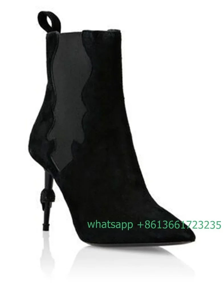 

Solid Color Patent Leather Ankle Boots Metal Heel Skull Stiletto Pointed Toe Fashion Short Boots Sexy Shine/Suede Women Boots