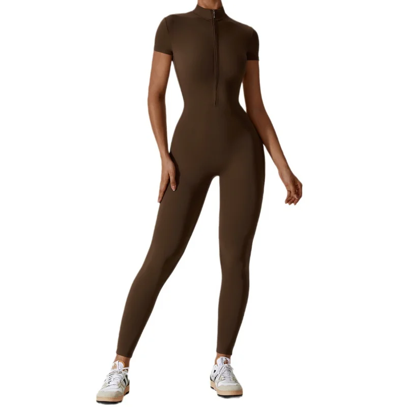 Zipper Short Sleeve Nude Feel Yoga Jumpsuit Women's Outer Wear Fitness Sports One-Piece Tights8305