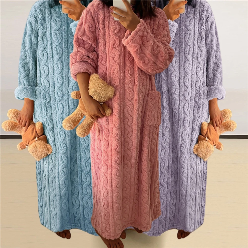 Oversize Pullover O-Neck Long Sleeve Dress Women Winter Loose Warm Pajama Casual Thick Flannel Sleepwear Chic Sweet Homewear