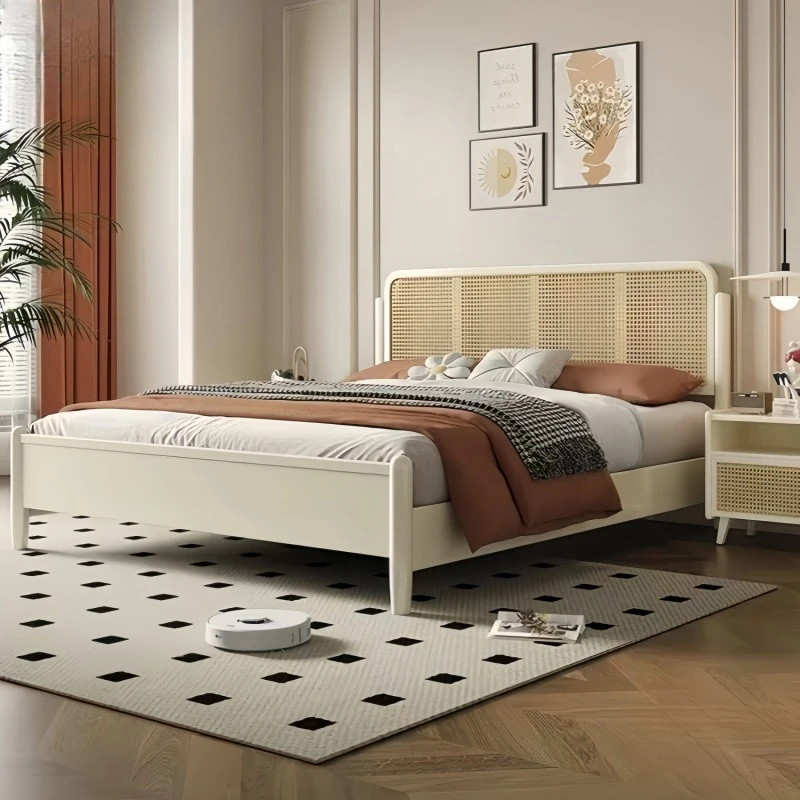 

Asian rattan retro black solid wood bed French 1.5 modern simple bedroom doubleB & B 1.8 retro style