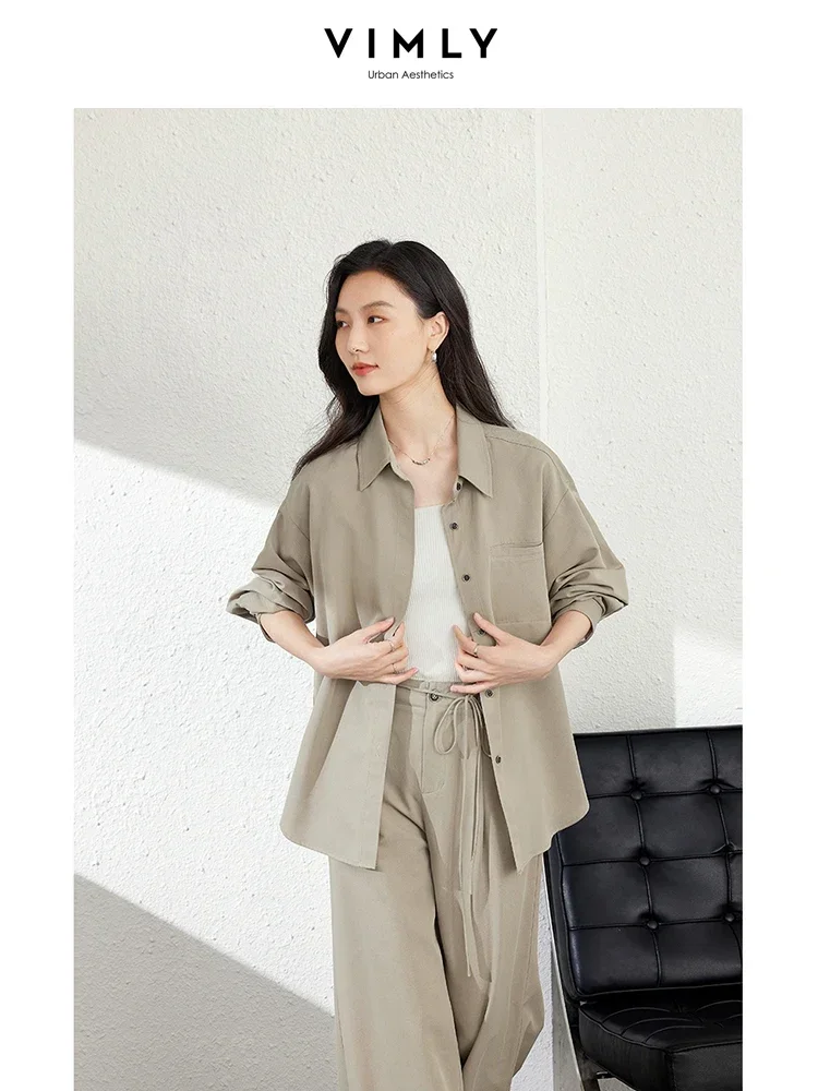 VIMLY Fashion Commuter 2PCS Women Work OL Pants Sets Autumn Long Sleeve Button Down Shirt+Wide Leg Trouser Simple Casual Suit