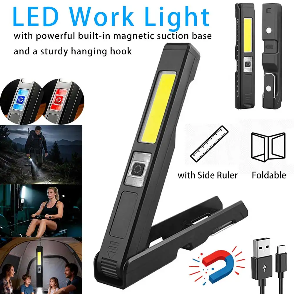 Lampe de travail LED rechargeable super lumineuse, mini lampe torche pliable avec crochets et base magnétique, pour le camping, les entraînements et les travaux de réparation