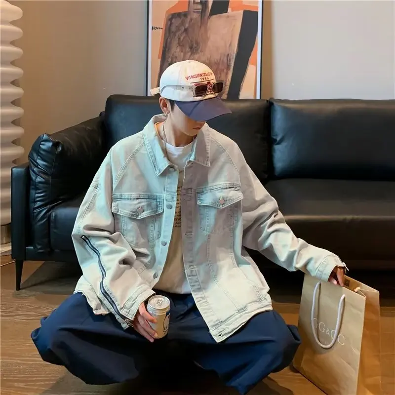 خريف شتاء كبير الحجم 250 Pou الأمريكية شارع العليا الدنيم سترة مفتوحة Jaet الرجال سستة تصميم معطف فوقي فريد #4