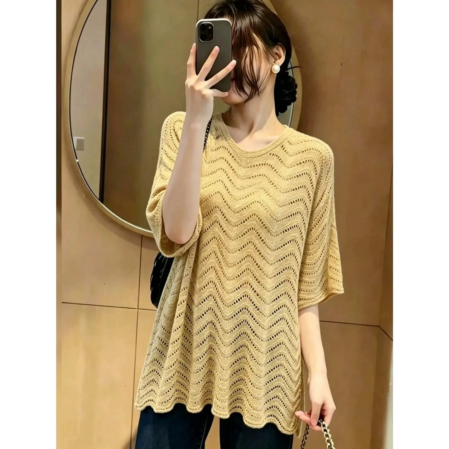 

Women Crochet Knit Blouse with Zigzag Hollow Out Pattern Loose Fit Short Sleeve O Neck Summer Casual Top