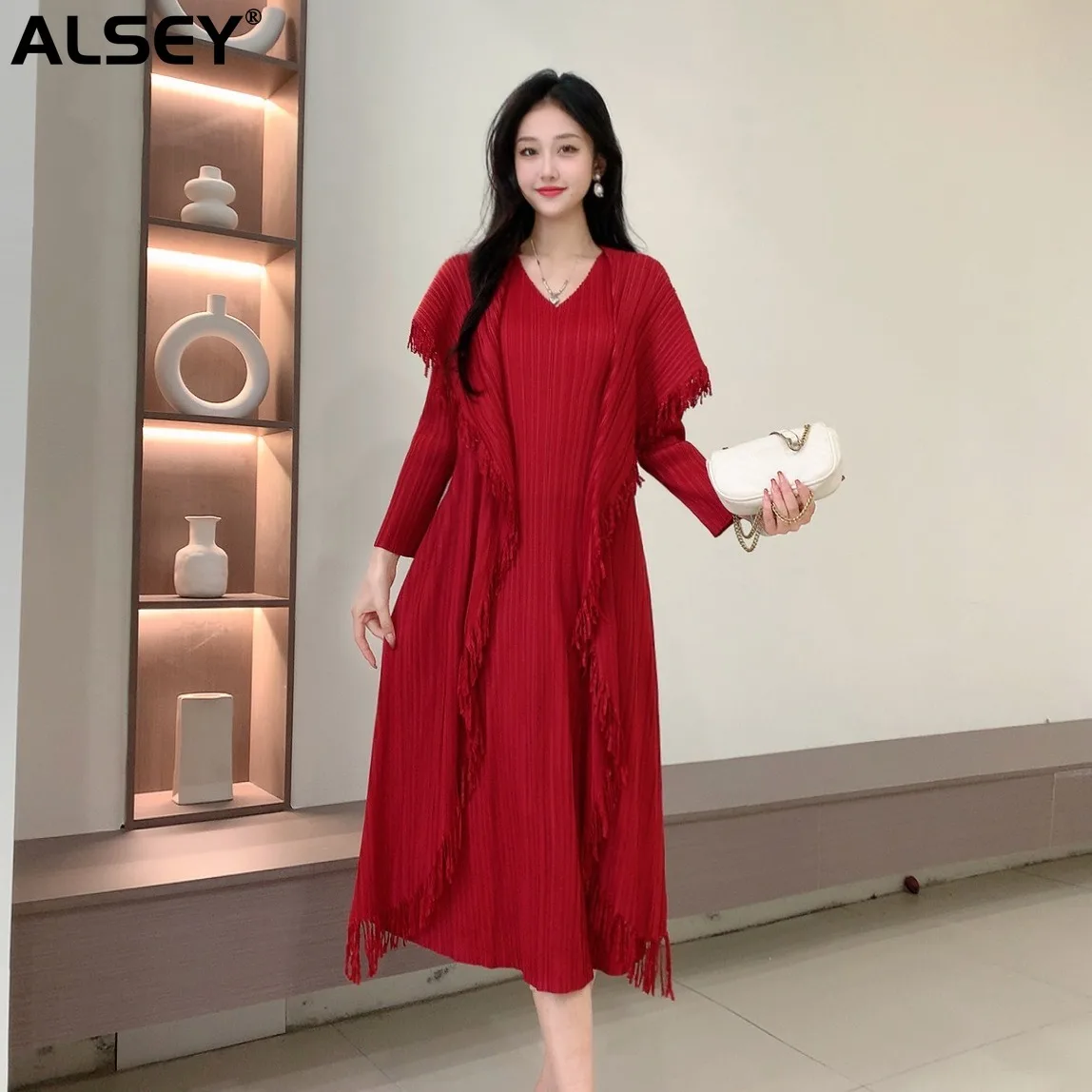 

ALSEY Miyake Original Pleated Cape Solid Color Tassel Dress Spring New Senior of Leisure Temperament Mid-length Dresses