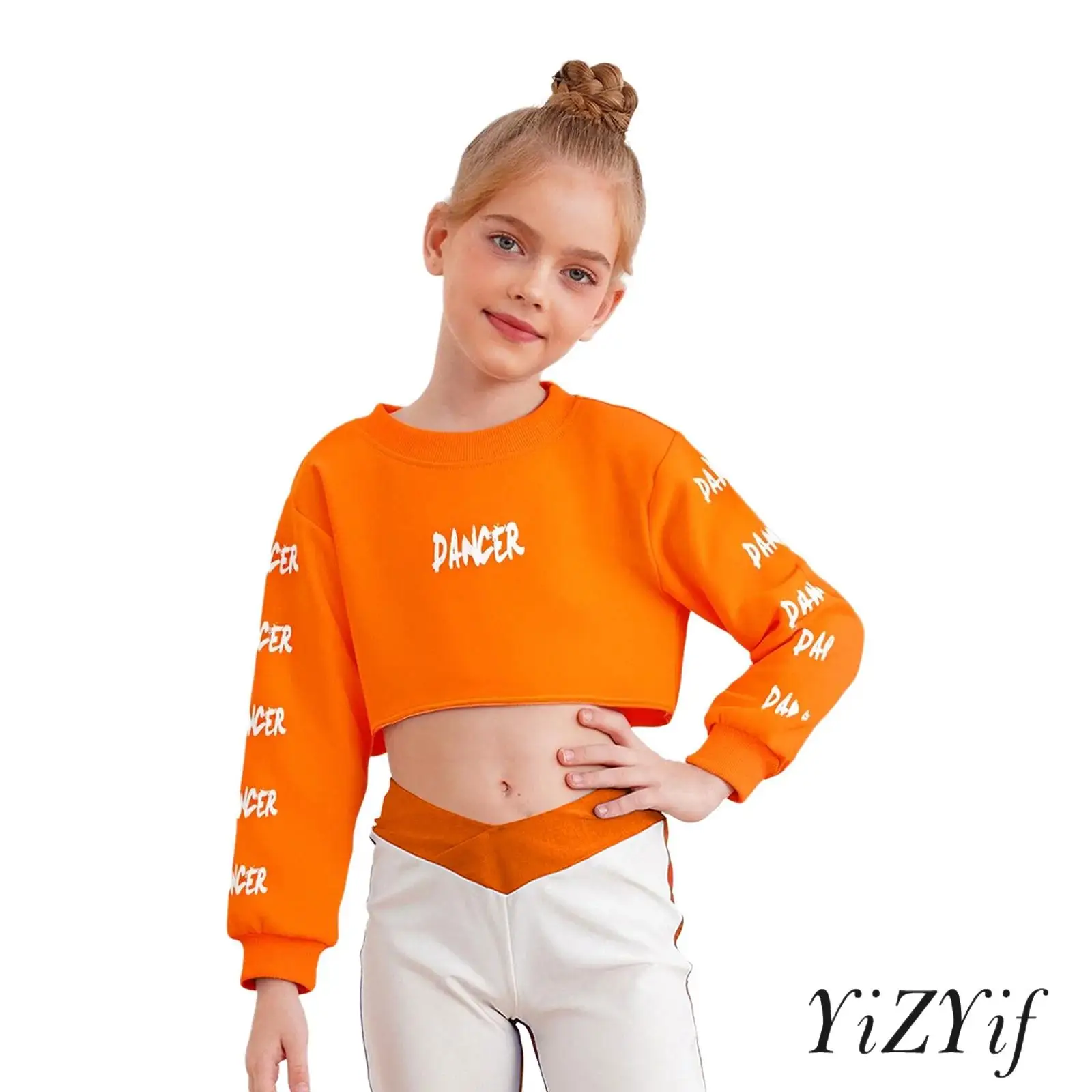 

Kids Girls Hip-Hop Jazz Dance Top Round Neck Long Sleeve Letter Printed Cropped Sweatshirt Streetwear for Skateboarding Picnic