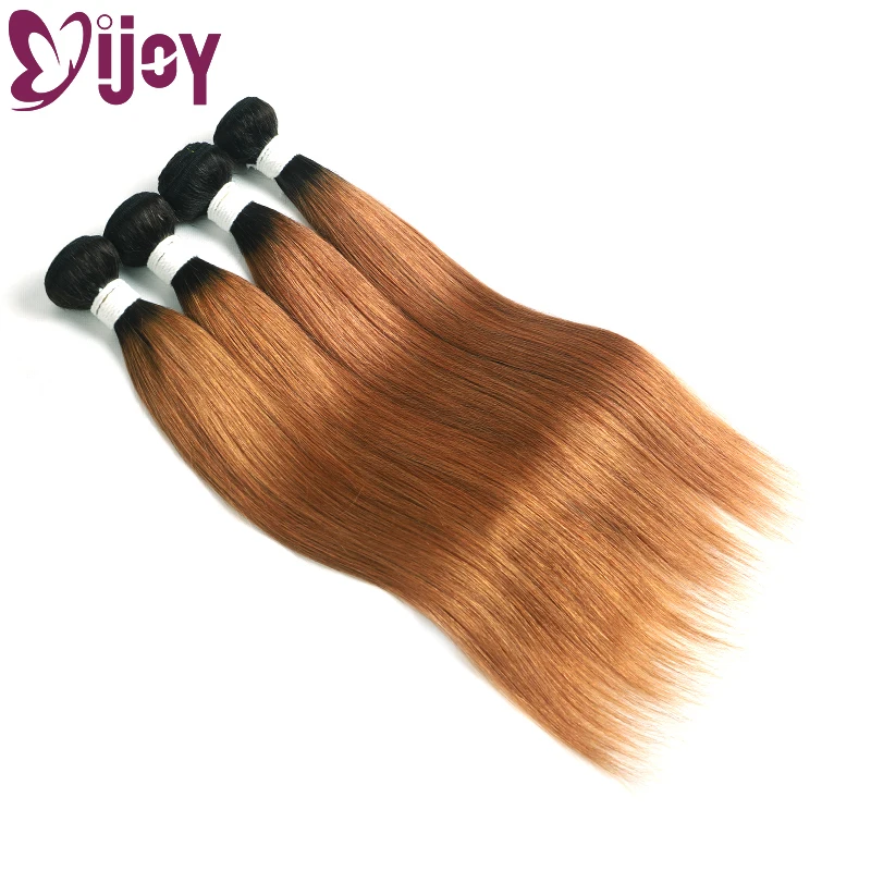 IJOY Bundel 3/4 Bundel Rambut Lurus Brasil dengan Penutup Ombre Coklat 1B/30 Bundel Rambut Manusia Remy dengan Penutup Renda