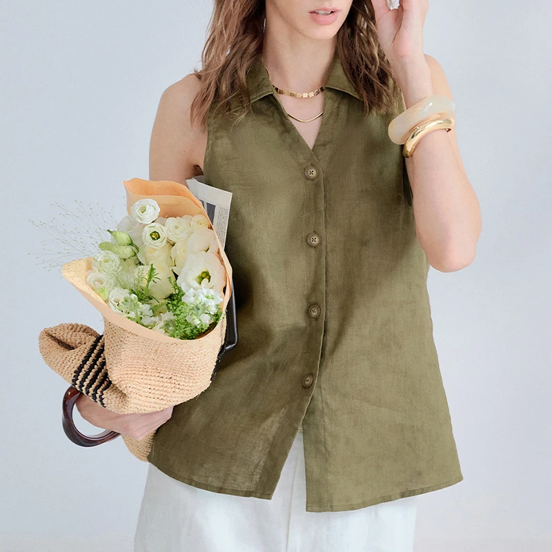 

Women's Pure Linen Vest Top Stand Collar Sleeveless Original Old Money Vest Tops