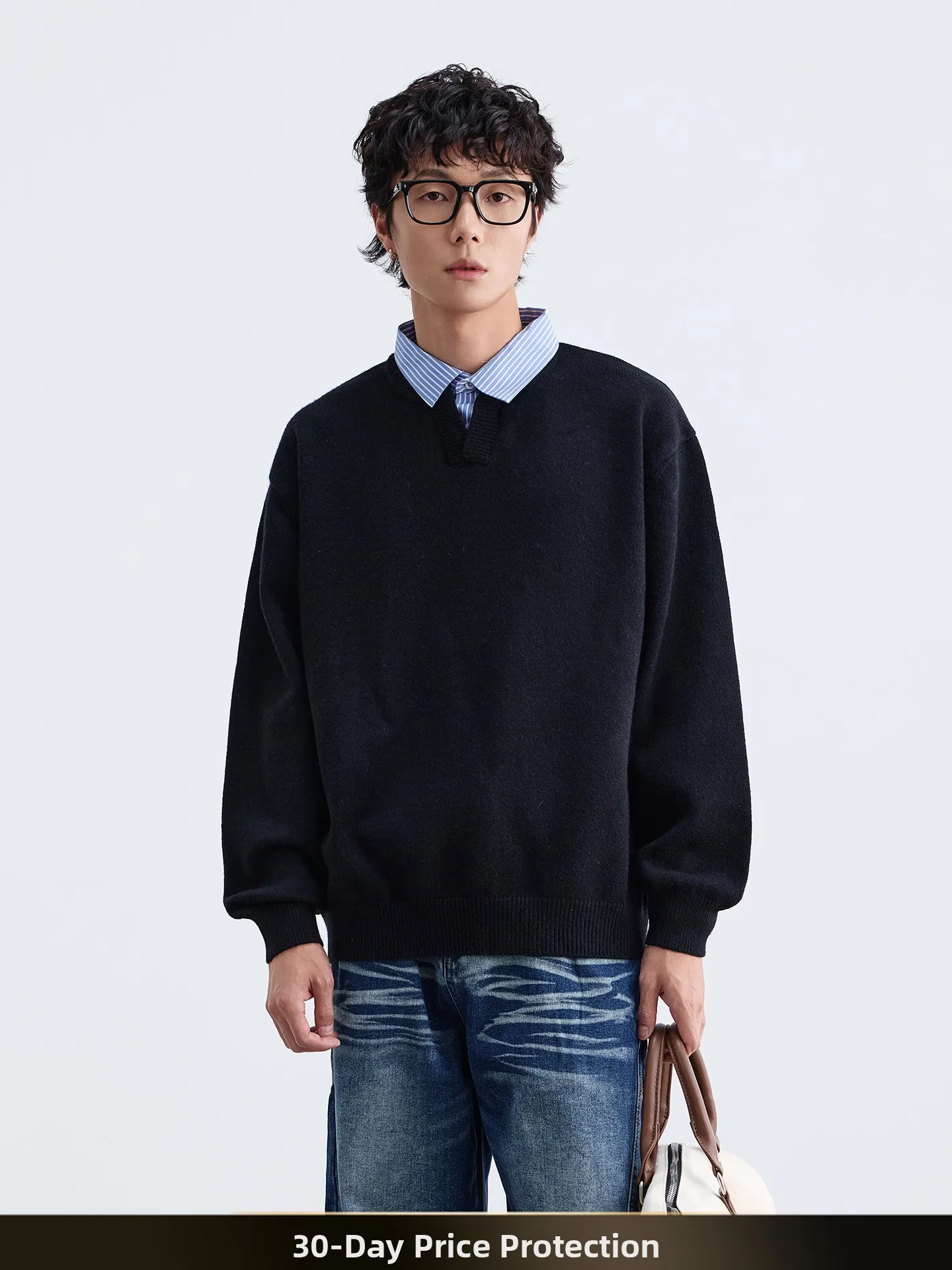 

Мужской свитер в американском ретро-стиле с имитацией двухслойности, свободный крой, теплый вязаный джемпер для пар, осенняя повседневная одежда