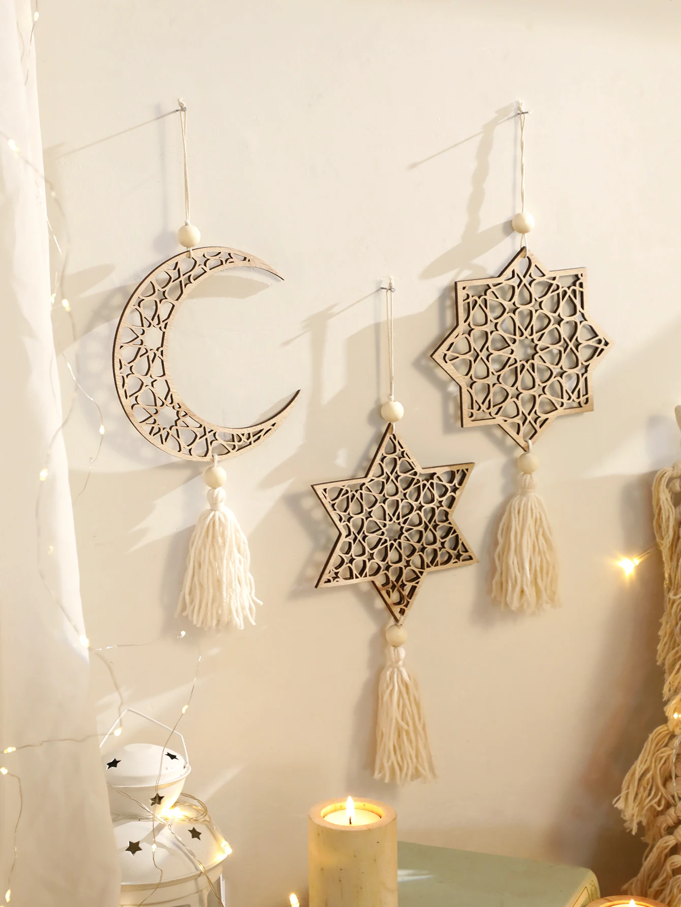 Ornements suspendus en bois pour Ramadan avec glands, décor musulman Eid Mubarak, Kareem du Ramadan, ornements de lune kaki, cadeau artisanal, 1/3 pièces