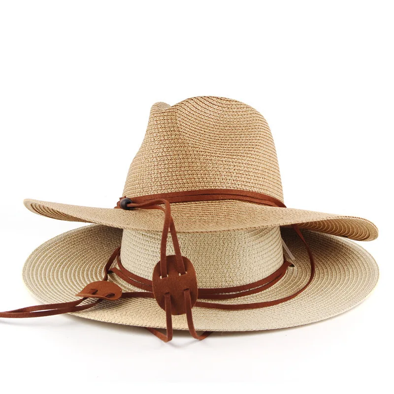 Bohemia Summer Wide Brim Straw Hat Panama Womens Outdoor Beach Sun Hat Fashion Sun Protection Straw Cap with Wind Lanyard