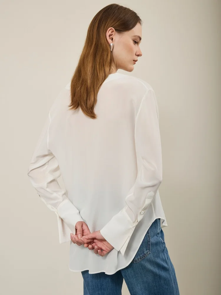 Birdtree, OEKO-TEX, 100% Real Silk Sheer Blouse, Full Sleeve V-neck Tops, Women's Double Crepe Shirt, 2026 Summer New T64648JF